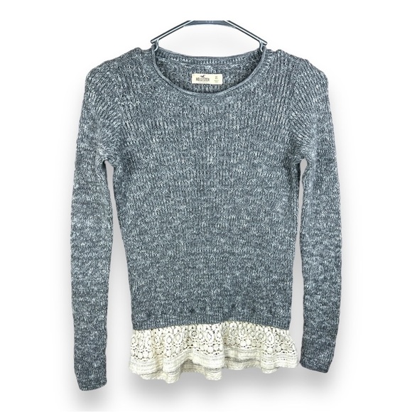 XS Hollister Grey Knit Long Sleeve Top Sweater Ivory  Lace  Boho Cotton - Picture 1 of 9